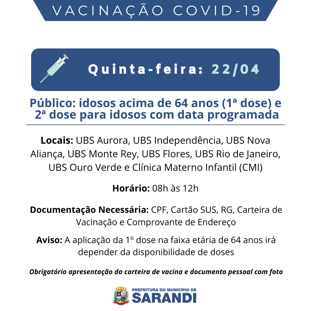 Cronograma de Vacinação contra Covid-19 - Quinta-feira - 22/04/2021